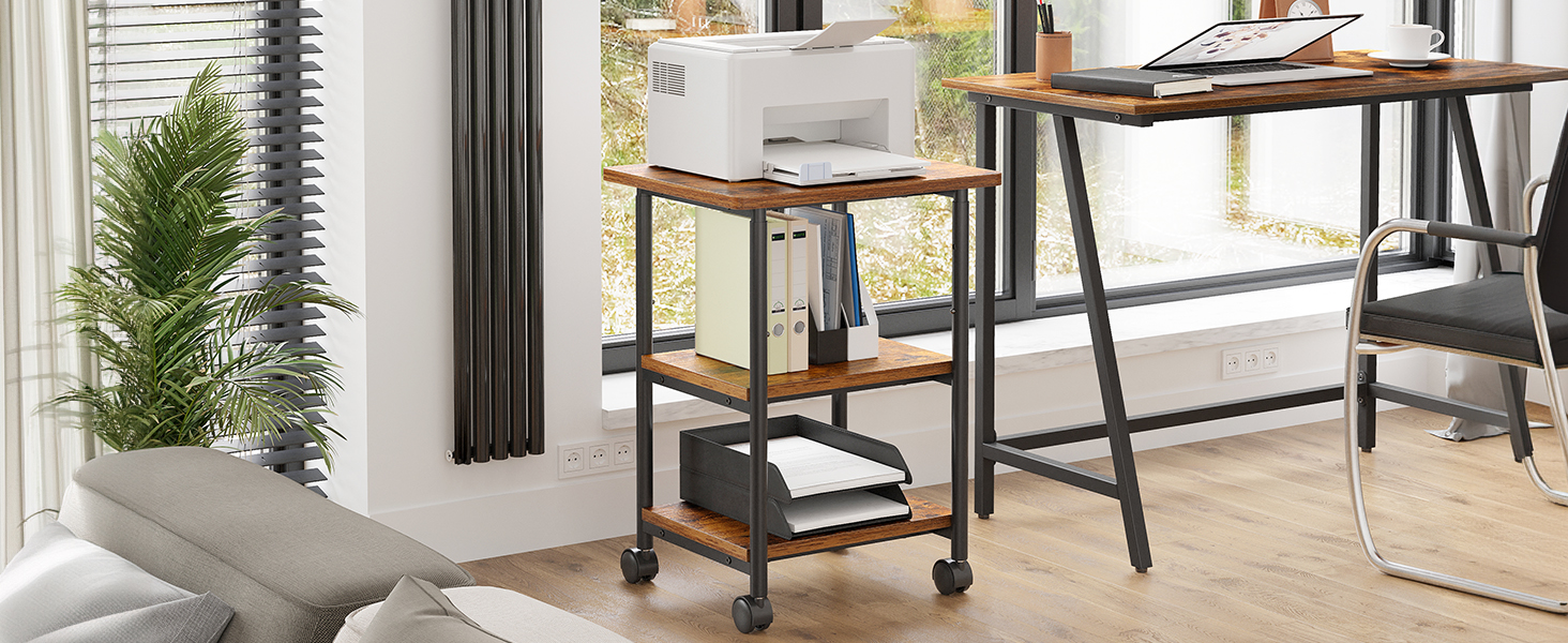 Столик для принтера VASAGLE з роликами, 3-рівневий, регульована стільниця, промисловий стиль, для офісу/кабінету, вінтажно-коричнево-чорний, OPS003B01V1