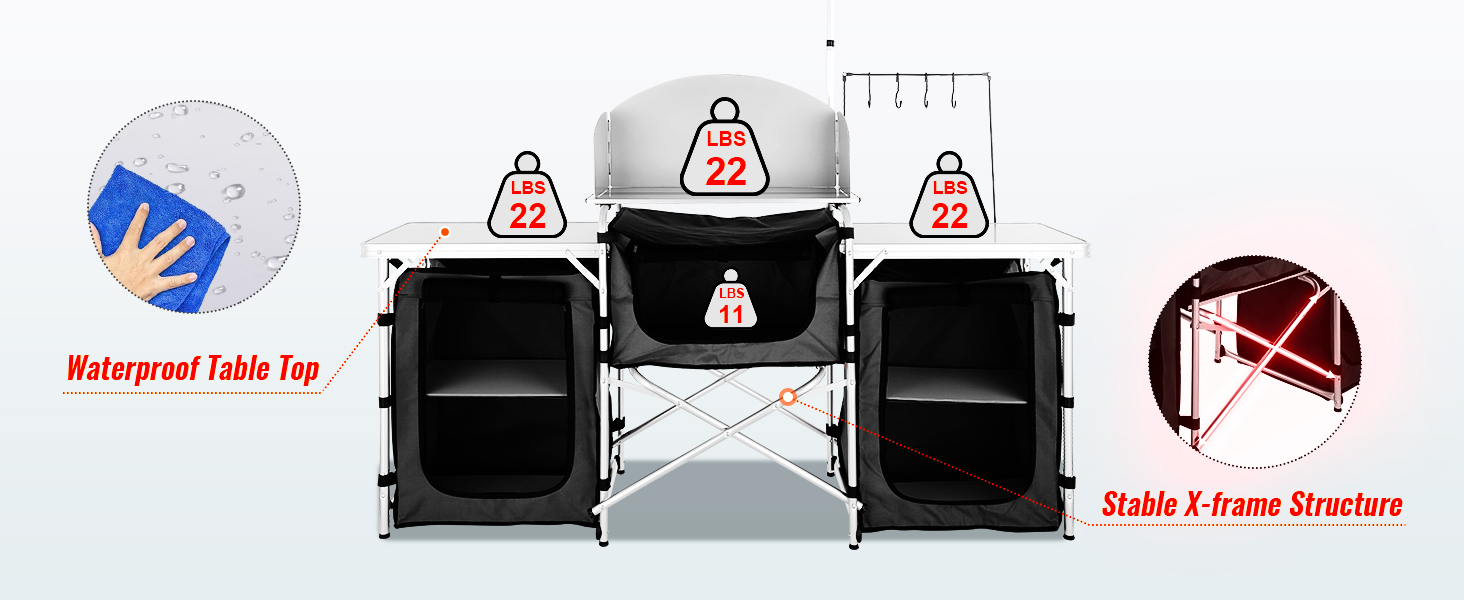 VEVOR Стіл для кемпінгу, розкладний туристичний стіл з місткою сумкою, алюмінієва кухонна станція з 3 шафками та знімним вітрозахистом, швидкий монтаж для пікніків та відпочинку на природі, чорний колір