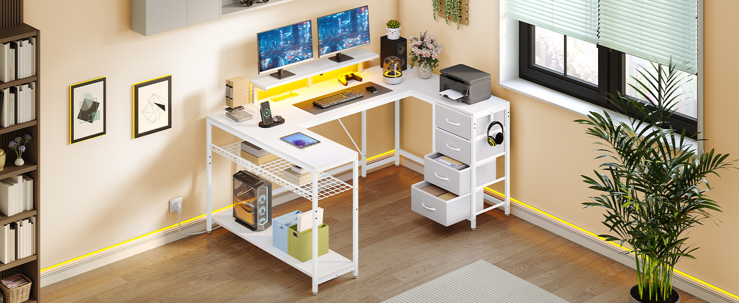 Кутовий письмовий стіл YITAHOME з 4 шухлядами та LED-підсвіткою, 158x100 см - ігровий стіл для дому/офісу з монітором, розетками та USB (білий)