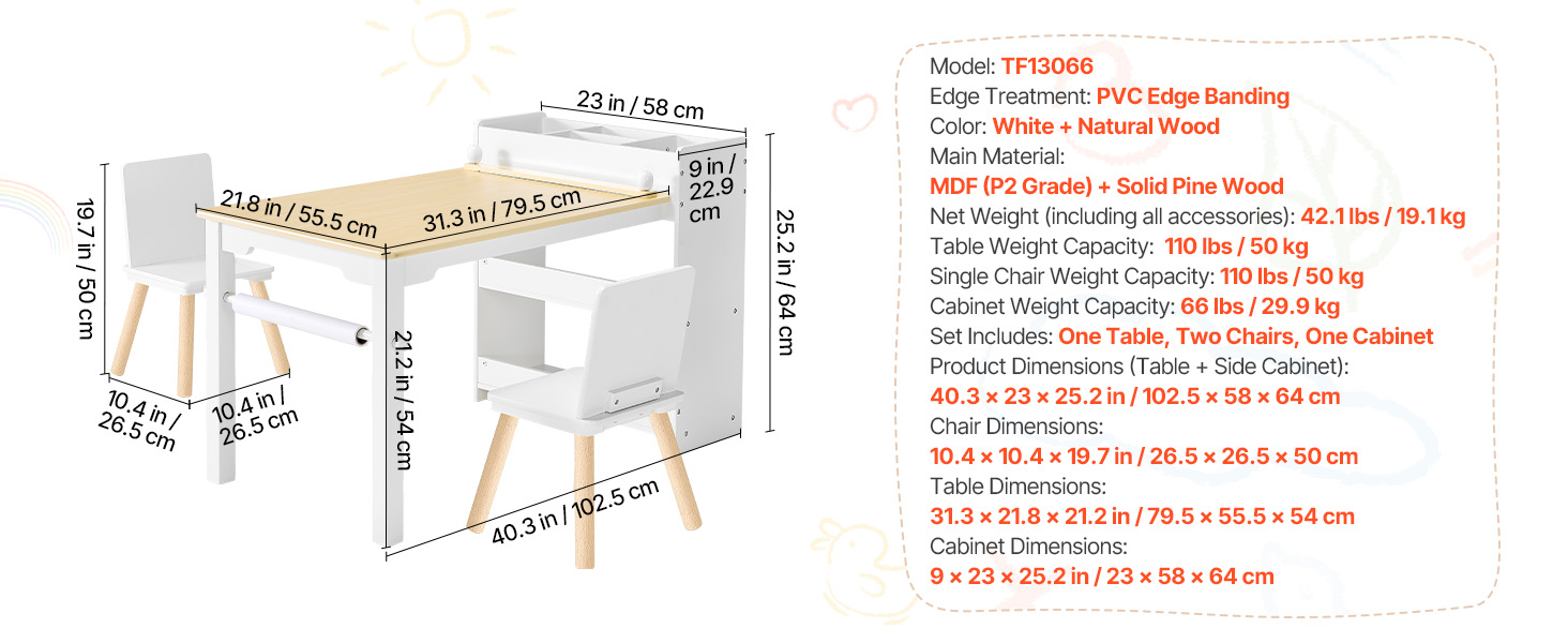 Дитячий стіл VEVOR з 2 стільцями та шафкою 3 ящики, набір для малювання, читання, письма, ігор, дитяча кімната, дитячий садок, білий + натуральне дерево, сучасний дизайн
