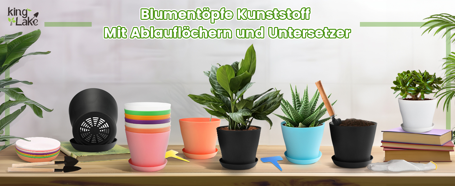KINGLAKE Набір горщиків для квітів 8 шт., 17 см, пластик з підставкою, для квітів, сукулентів, кактусів, кольорові