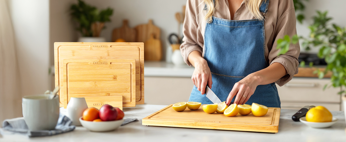 Набір дерев'яних обробних дощок 3 шт. (40x30см / 33x24см / 26x18см) з масиву акації, 2 см товщиною, з канавкою для соку - кухонні обробні дошки, дизайн, набір обробних дощок з дерева, бамбук