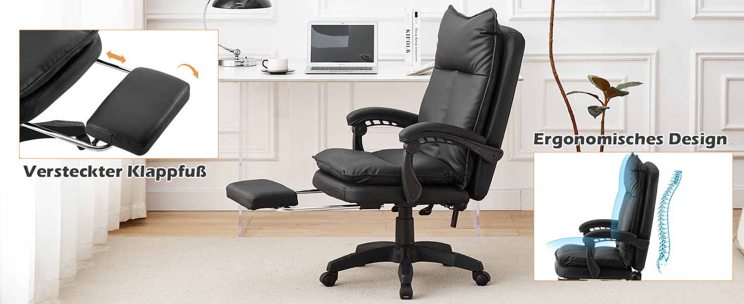 Офісний крісло TUKAILAI: ергономічне, з регулюванням висоти, підлокітники, підставка для ніг, чорне