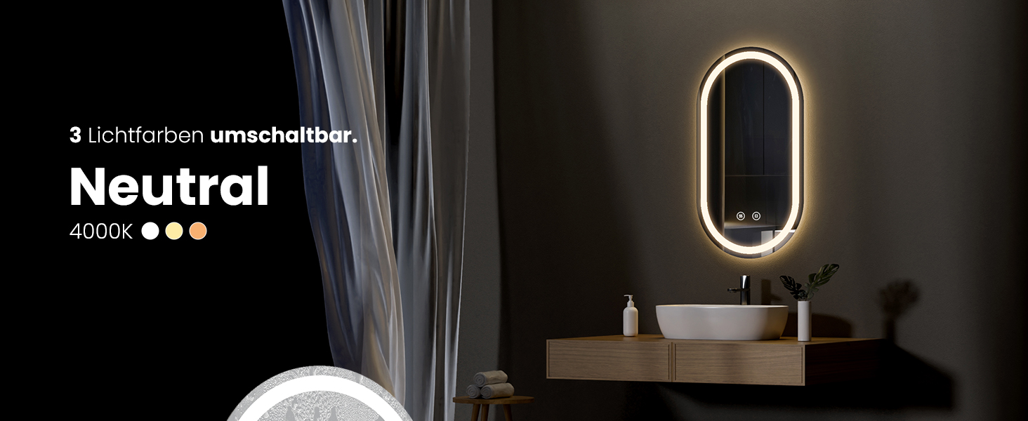 Дзеркало для ванної кімнати EMKE з підсвічуванням 50x90 см, овальне, з сенсорним перемикачем, 3 кольори світла, регулювання яскравості, антизапарник, функція пам'яті, автоматичне вимкнення через 3 години