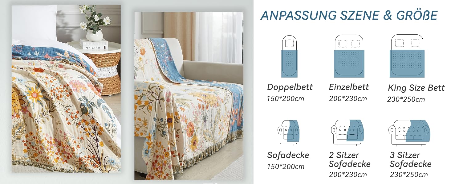 Покривало Bailix Premium Boho з 100% бавовни, двостороння муслінова ковдра з бахромою 150x200 см, декоративний плед для дивана та ліжка, синій/бежевий, принт Blumengarten