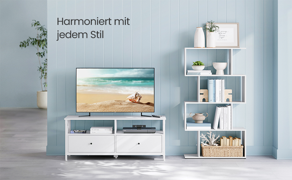 Тумба під телевізор VASAGLE, 120 см, з 2 шухлядами та 2 відкритими полицями, для телевізорів до 55 дюймів, сталевий каркас, вінтажний колір, LTV300B01