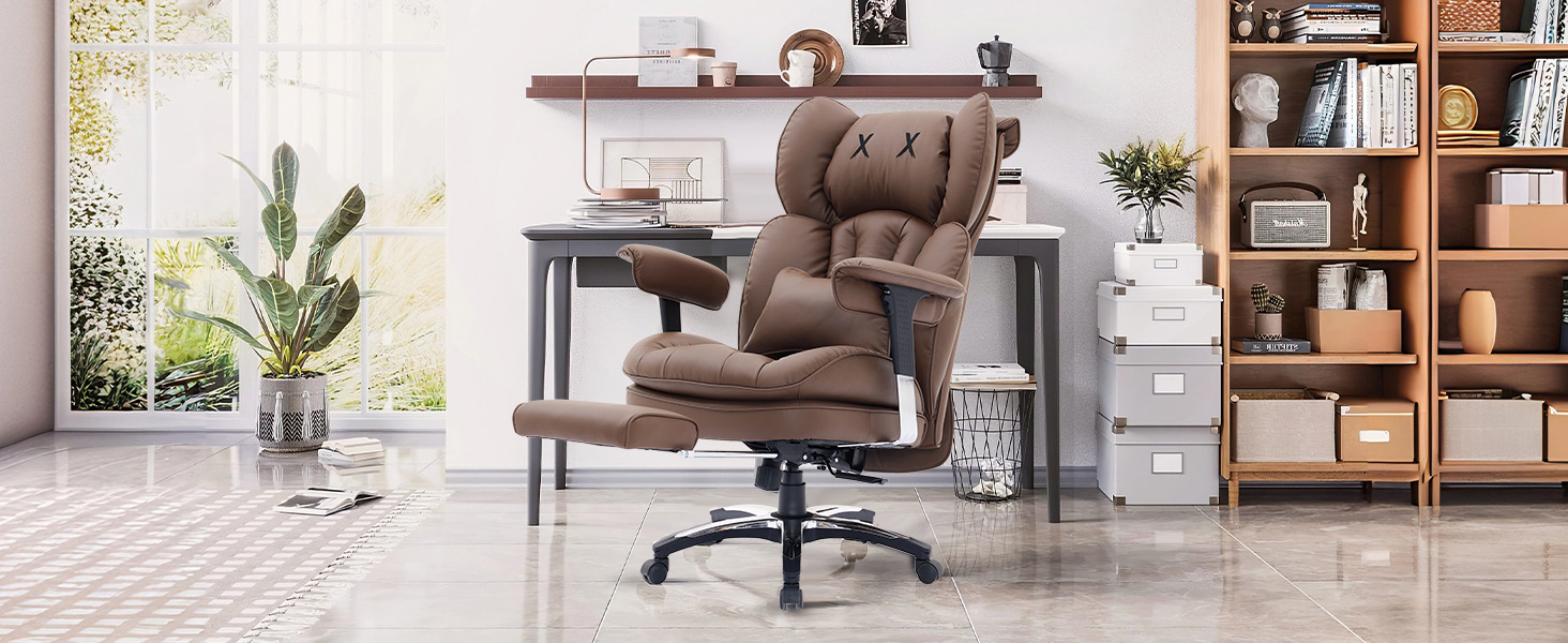 Ергономічне офісне крісло Efomao з PU шкіри для дому та офісу, 200 кг, з підставкою для ніг та підтримкою попереку, чорне