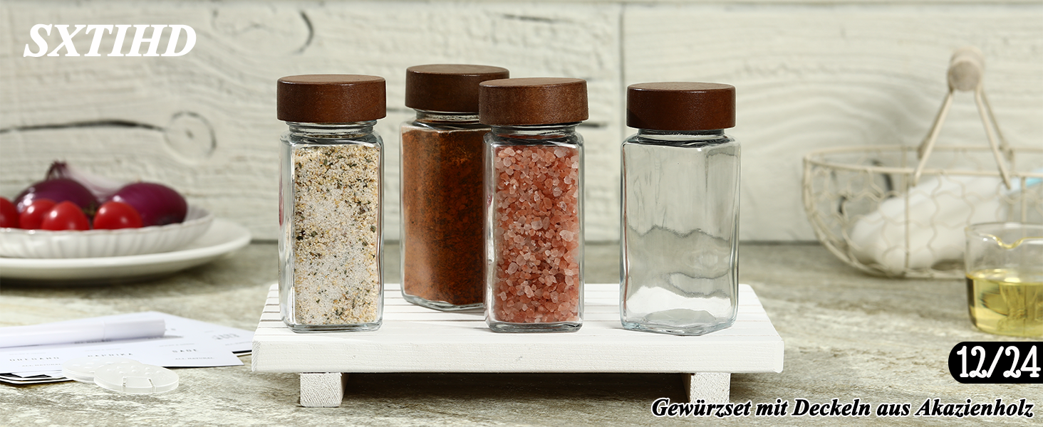 Набір скляних банок для спецій з дерев'яними кришками з акації, 24 шт по 120 мл