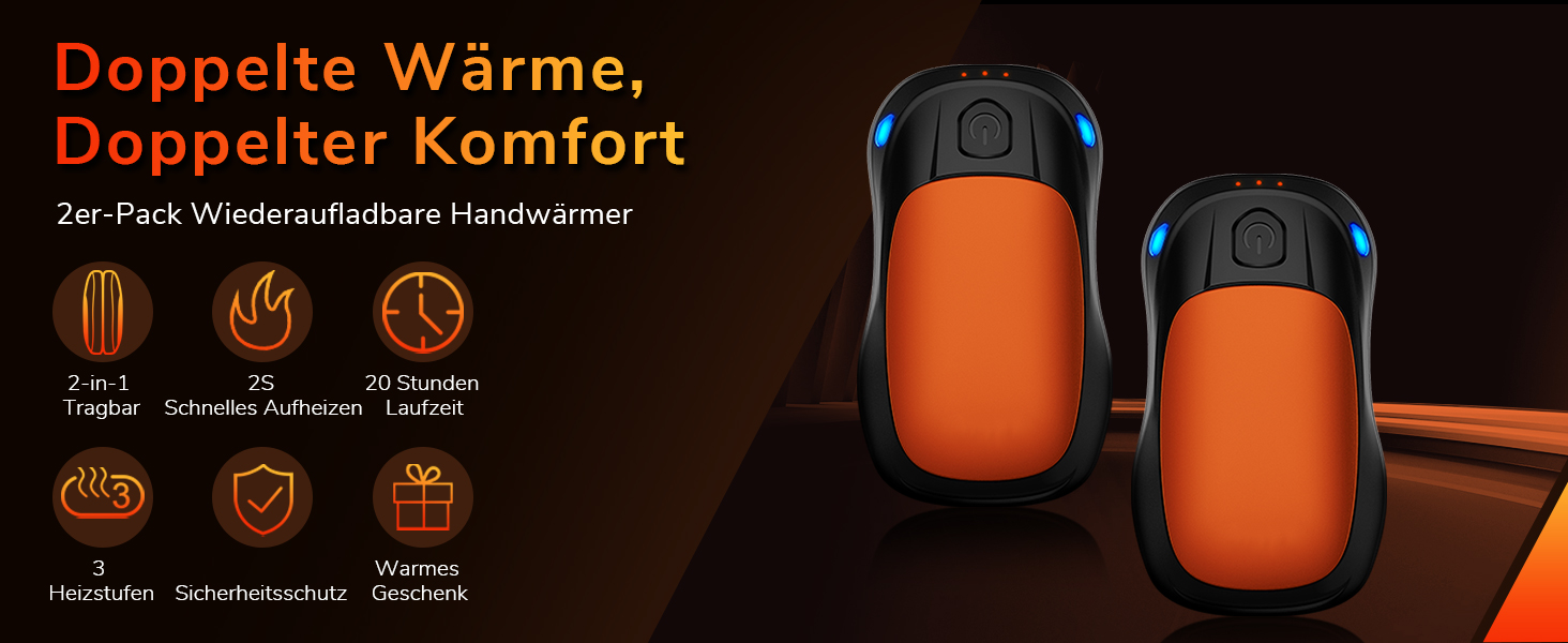 Електричний гріє для рук, перезаряджуваний, USB, набір 2 шт. для чоловіків та жінок (помаранчевий)
