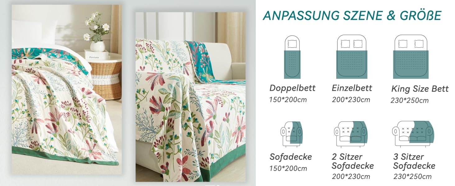 Покривало Bailix Premium Boho з 100% бавовни, двостороння муслінова ковдра 150x200 см, плед для дивана та ліжка в стилі пэчворк, смарагдово-бежевий