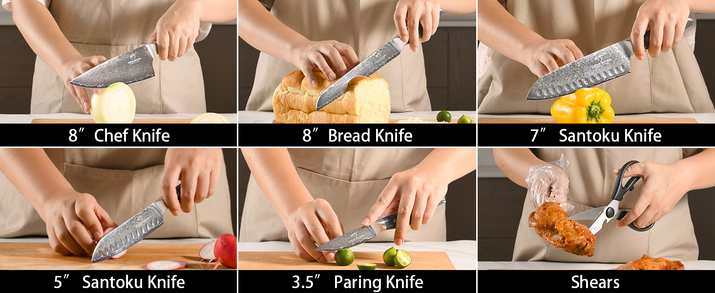 Набір кухонних ножів NANFANG BROTHERS Дамаск 7 предметів з бруском, нековзний ABS, нержавіюча сталь, шеф-ніж, хлібний ніж, сантоку, ніж для чищення, ножиці