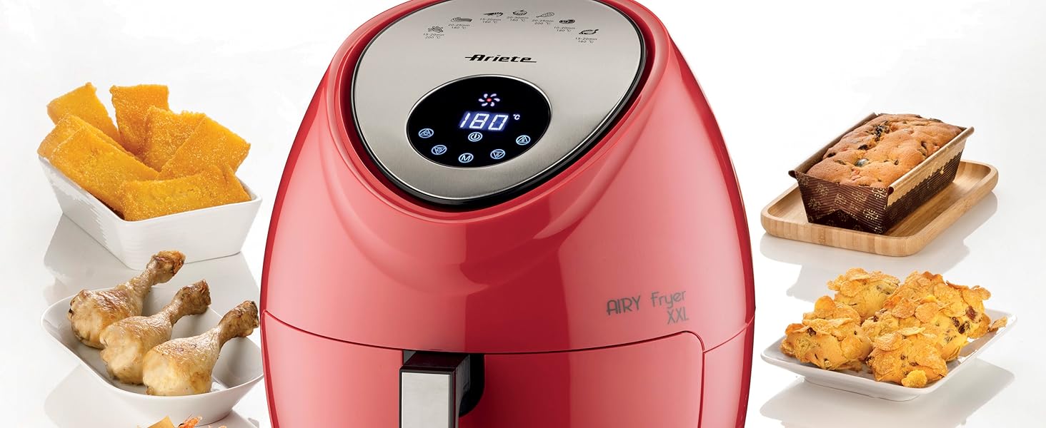Аерофритюрниця Ariete Airy Fryer XXL 4618, 7 л, 1800 Вт, сенсорний LCD-дисплей, 7 програм, таймер 60 хв, червона