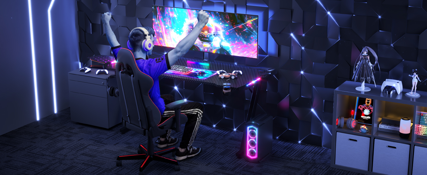 Ігровий стіл JUMMICO з RGB LED-підсвіткою, комп'ютерний стіл для геймерів та Home Office з тримачем для навушників та підстаканником, чорний (160x60 см)