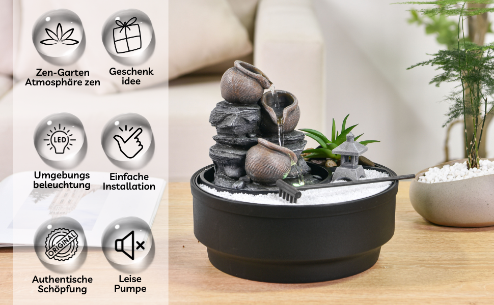 Фонтан для саду Oasis Zen'Light: водоспад, LED-підсвічування, білий пісок, декор для релаксації