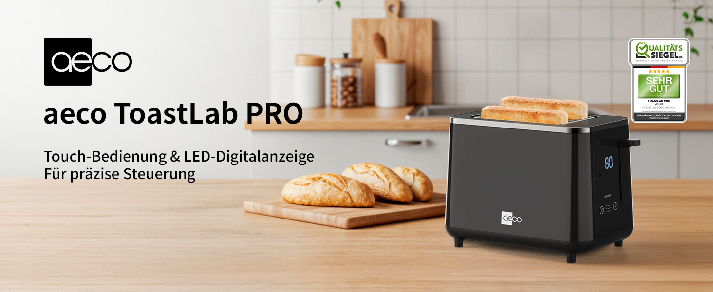 Тостер aeco toastlab Elite 2-слотовий з підставкою для булочок, 6 рівнів підсмажування, 10 програм, 850 Вт, LCD-дисплей, функція підйому, розморожування, піддон для крихт (LED-Touch)