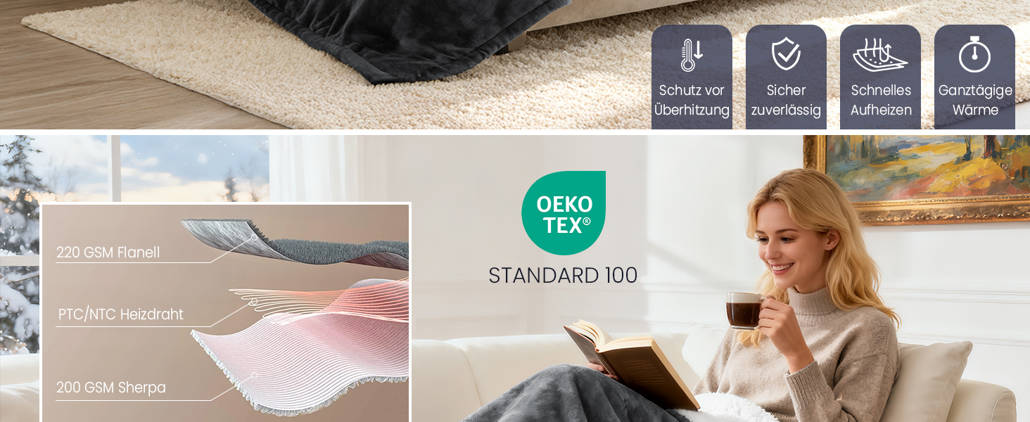 Електрична ковдра AnySun 200x180 см з автовимкненням, 6 рівнів нагріву, таймер 10 годин, захист від перегріву, сіра, для ліжка, дивану, машинне прання