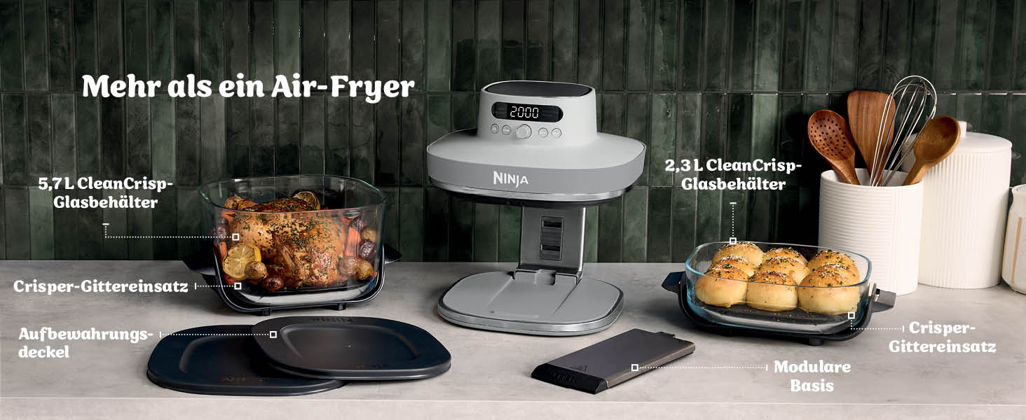 Скляна аерофритюрниця Ninja CRISPi PRO XL Air Fryer з 5 функціями, контейнерами CleanCrisp (5,7 л та 2,3 л) та кришкою для зберігання, біла, AS090EUGN