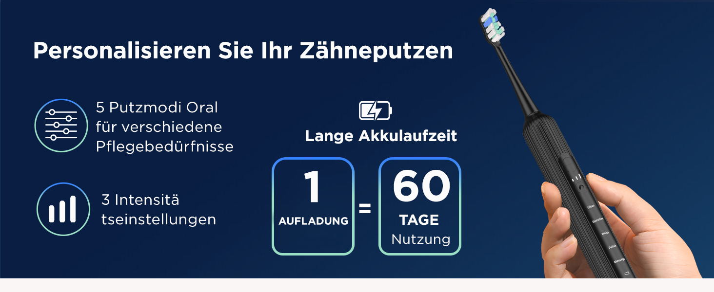 Електрична зубна щітка звукового типу для дорослих та дітей, 5 режимів чищення, 3 інтенсивності, таймер, 8 насадок, чорна, 1 шт.