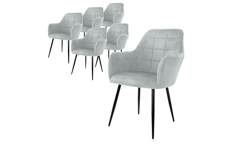 6 стільців для їдальні ECD Germany сірого кольору з підлокітниками та спинкою, м'яке крісло з велюровим покриттям, металеві ніжки, ергономічні стільці для кухні та вітальні