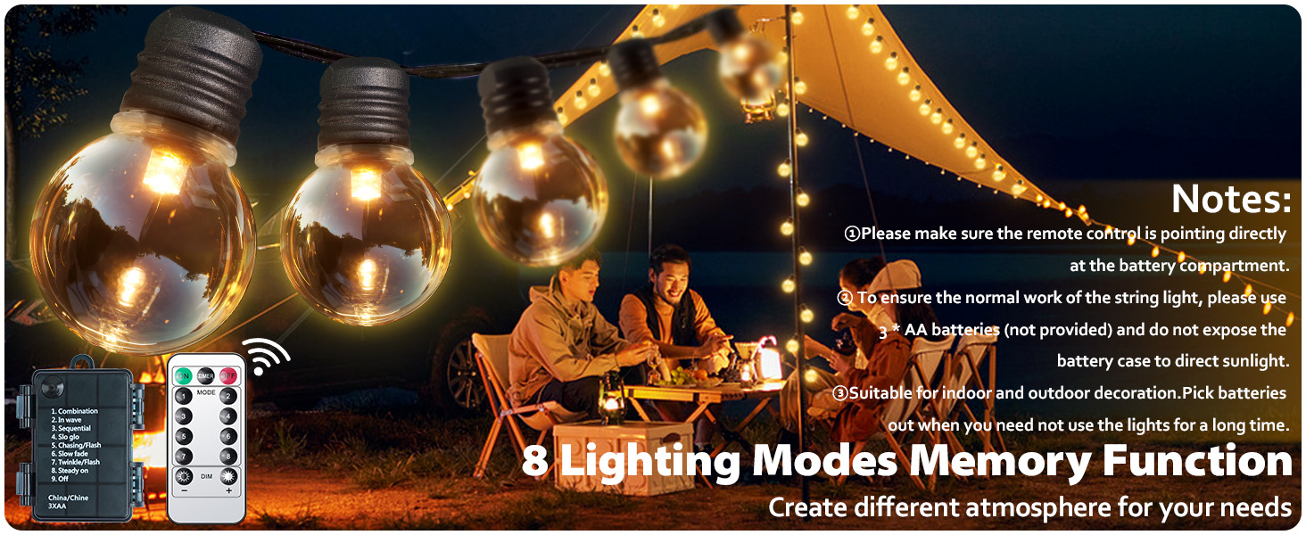 Ланцюжок прикрас для зовнішнього використання на батарейках G30, 9м, 20 LED, тепле біле світло, з пульт дистанційного керування, таймер, диммування, IP64, для саду, ялинки, балкона, бістро.