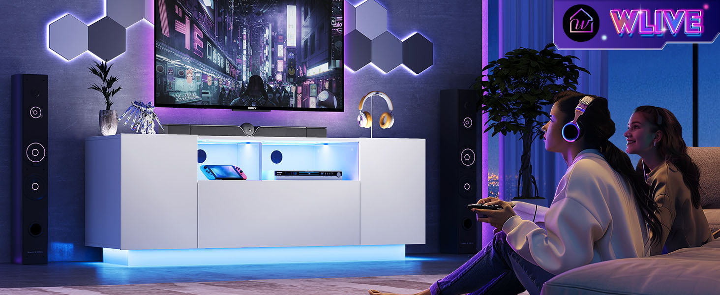 Тумба під телевізор WLIVE з LED підсвіткою, глянцева, 122x36x45 см - 20 кольорів, шафи та відкриті полиці, відкидні дверцята, біла