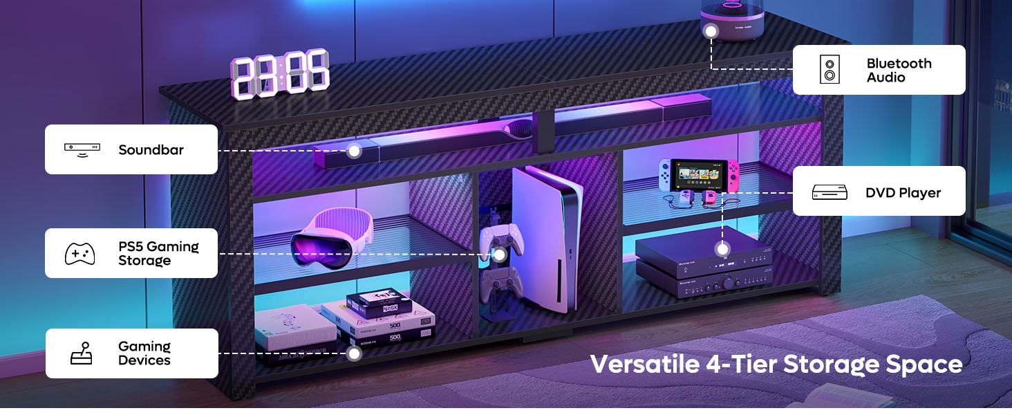 Тумба під телевізор Bestier 70 дюймів з LED-підсвіткою, для PS5, чорний мармур 160x33.8x66.8 см