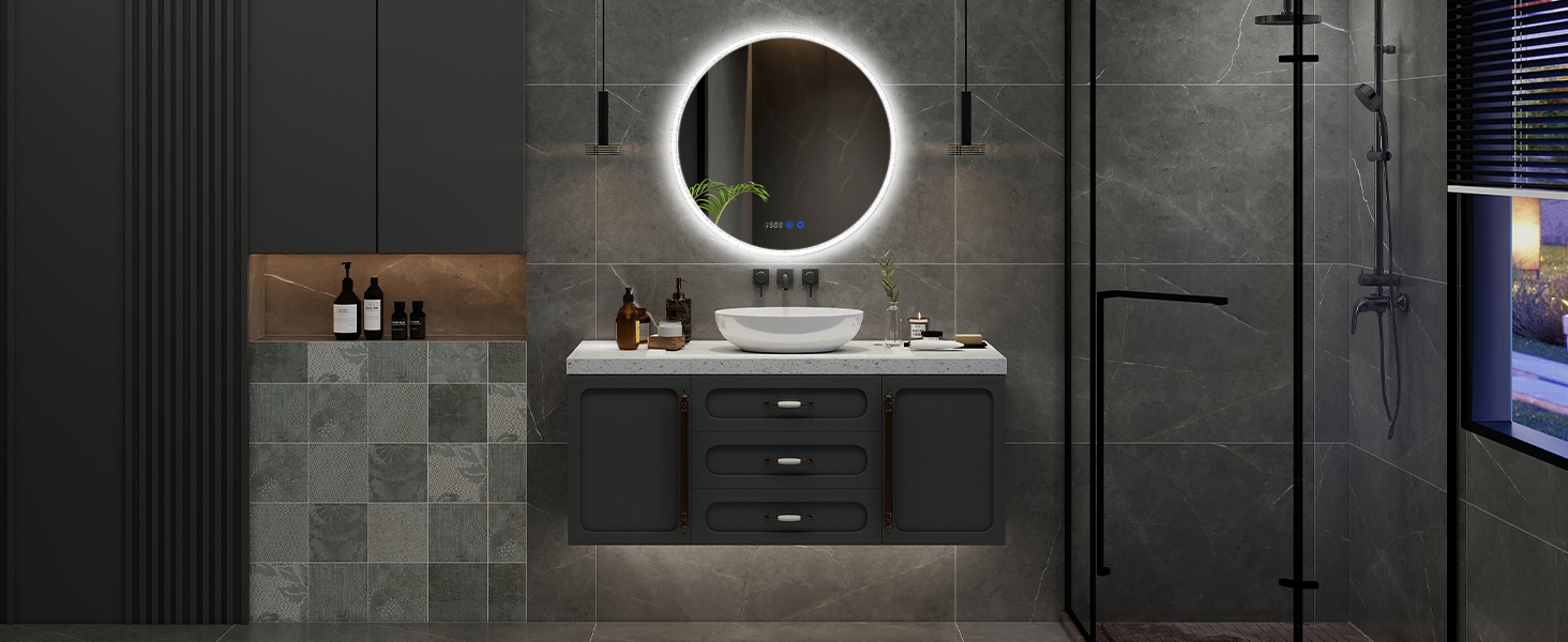 Дзеркало для ванної кімнати YOURLITE з підсвічуванням, діаметр 60 см, LED, 3 кольори, регулювання яскравості, сенсорна кнопка, антизапар, пам'ять, IP44, срібний