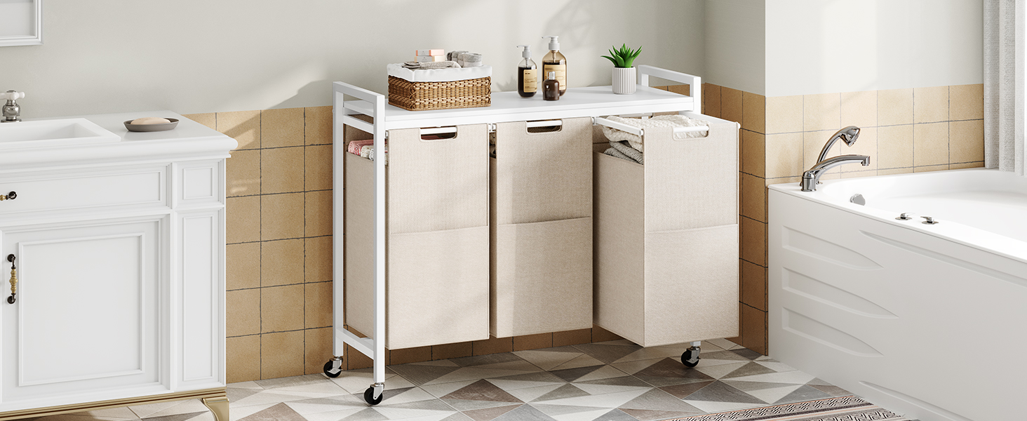 Кошик для білизни HOOBRO з 3 відділеннями, 119 л, білий, на колесах