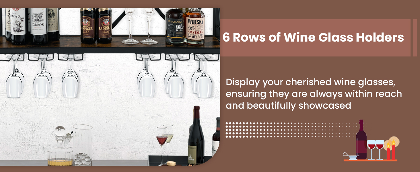 Стильна полиця для вина Komfotteu на стіну, дерев'яна з металевим каркасом, з тримачем для келихів, 60 x 20 x 55 см