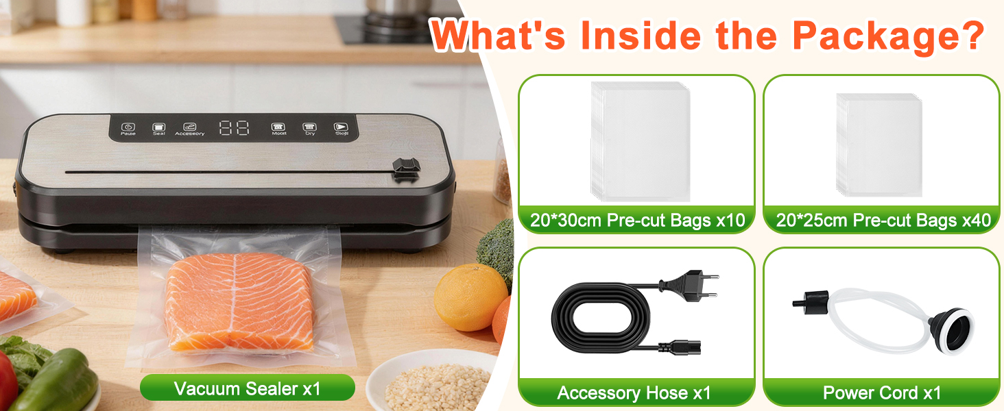 Вакууматор SHINER 6-в-1 для сухих та вологих продуктів, компактний вакуумний пакувальник з цифровим дисплеєм та набором пакетів, сріблястий