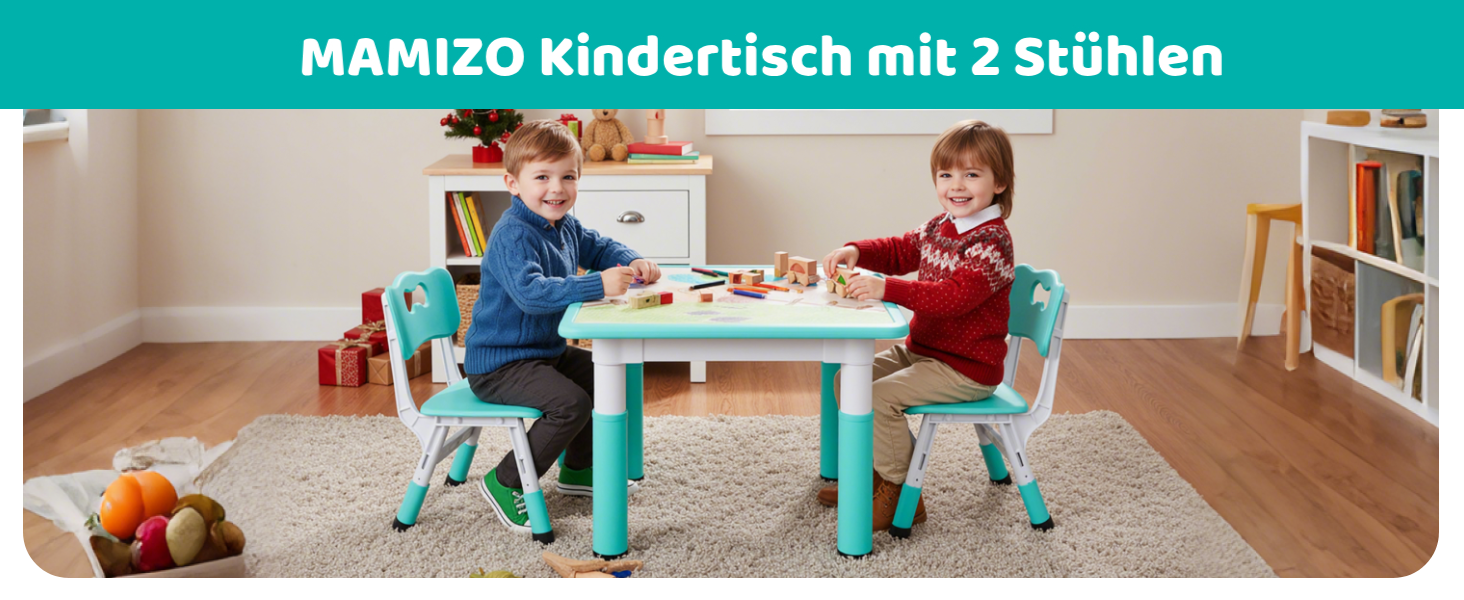 Дитячий столик і 2 стільчики, комплект меблів для дитячої кімнати, пластик, регульована висота, для хлопчиків та дівчаток від 2 років (М'ятний, Квадратний)