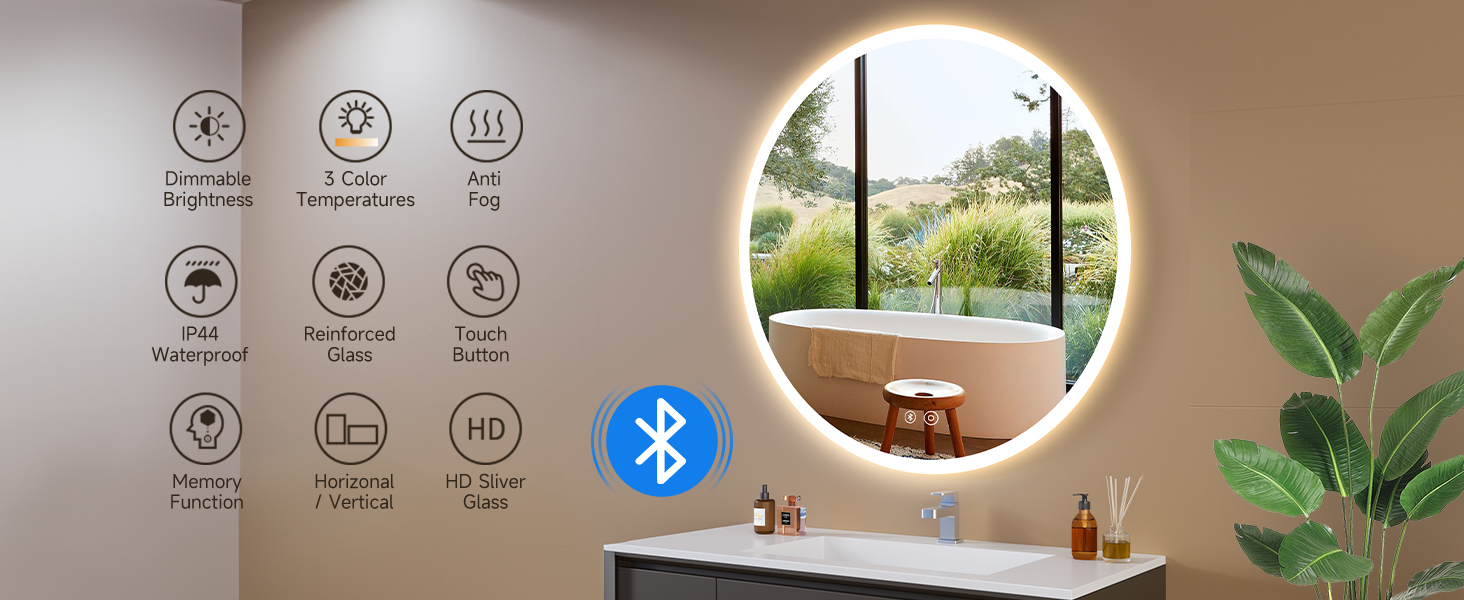 Дзеркало для ванної кімнати YOLEO з підсвічуванням, 70 см, LED, Bluetooth, сенсорне управління, захист від вибухів, 3 кольори світла, регулювання яскравості, антизапарник