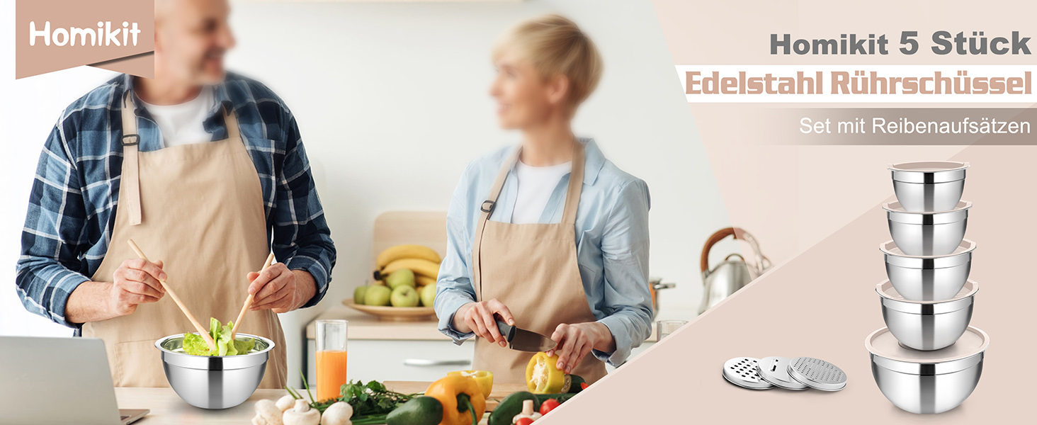 Набір мисок Homikit: 5 мисок з нержавіючої сталі з кришками та силіконовим дном, мультифункціональні, складані, придатні для миття в посудомийній машині, 6.6L / 3.5L / 2.5L / 1.5L / 1L (Хакі, з 3 тертками)