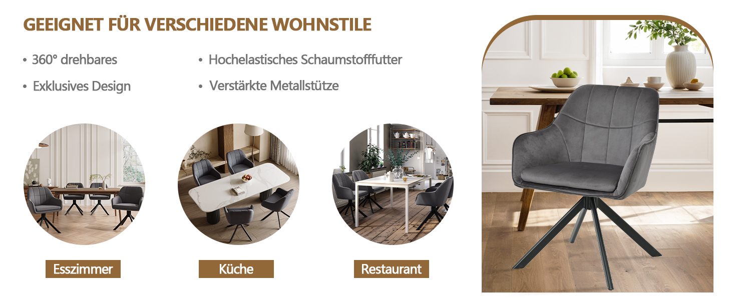 Набір з 6 обертових кухонних стільців сірого кольору з підлокітниками, з м'яким сидінням, для вітальні та кухні. Стільці з металевими ніжками, оббивка з велюру.