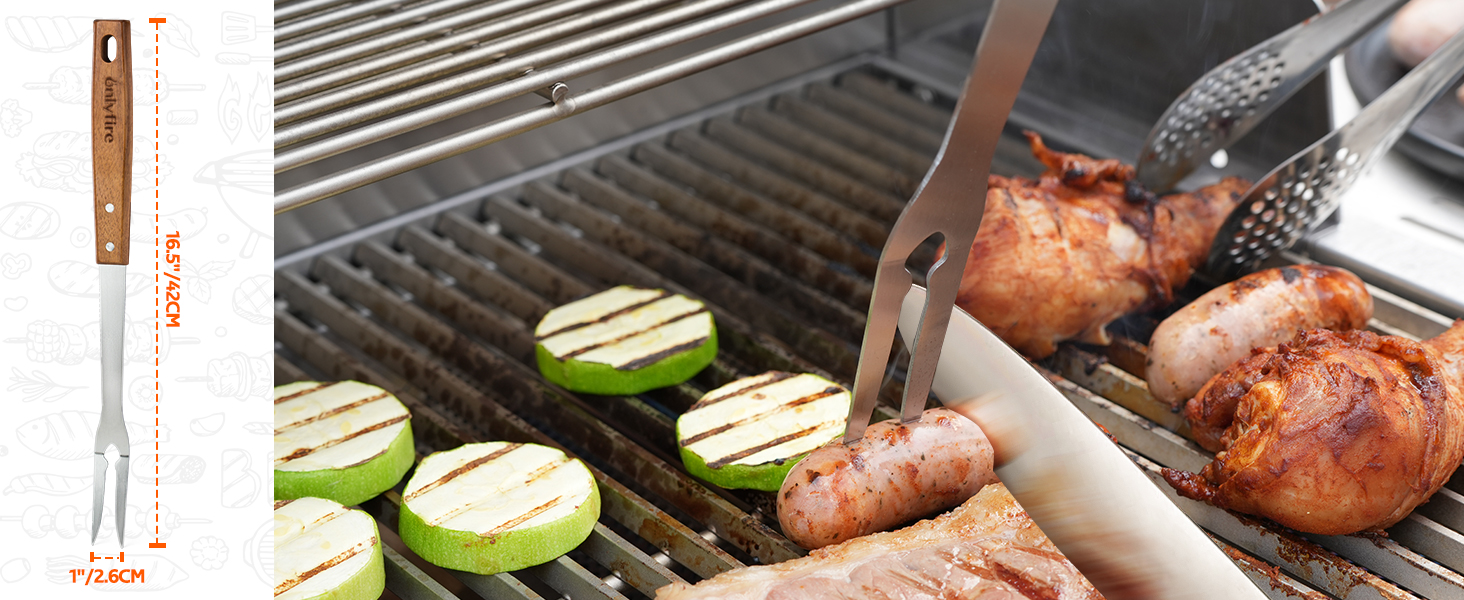 Набір гриль-посуду Onlyfire 4-TLG: щипці, лопатка, виделка, щітка з довгою ручкою з акації та нержавіючої сталі