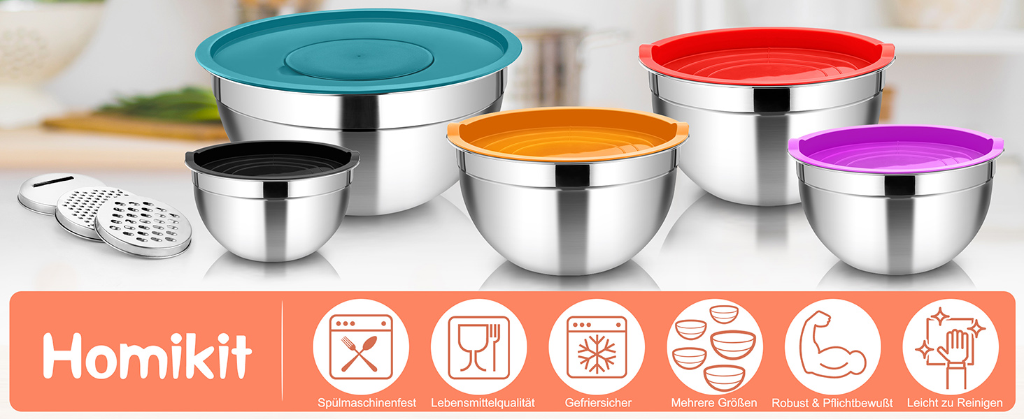 Набір мисок Homikit (5 шт.) з нержавіючої сталі з кришкою та силіконовим дном. Багатофункціональний, стековий, придатний для миття в посудомийній машині, 6.6L / 3.5L / 2.5L / 1.5L / 1L (Кольоровий, з 3 терками)