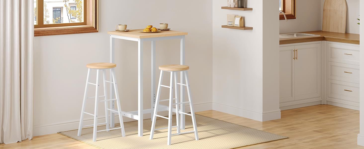 WOLTU Невеликий барний столик 60 x 100 x 60 см, кутовий, метало-дерев'яний, для кухні, бару, вітальні, білий+світлий дуб, BT34hei, без стільців