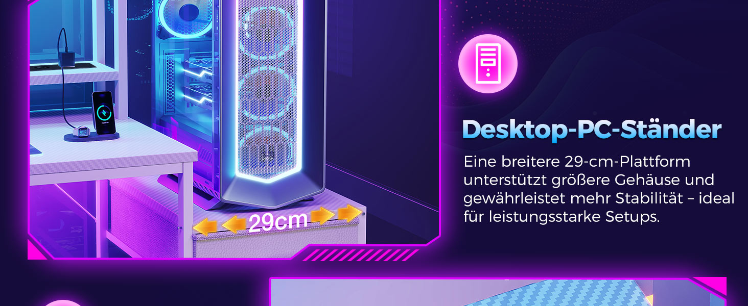 Ігровий стіл Coleshome з полицею та шухлядами, 137x48 см. Стіл для геймінгу з LED-підсвічуванням, розеткою, місцями для зберігання та підставкою для монітора. Колір: карбонове волокно.