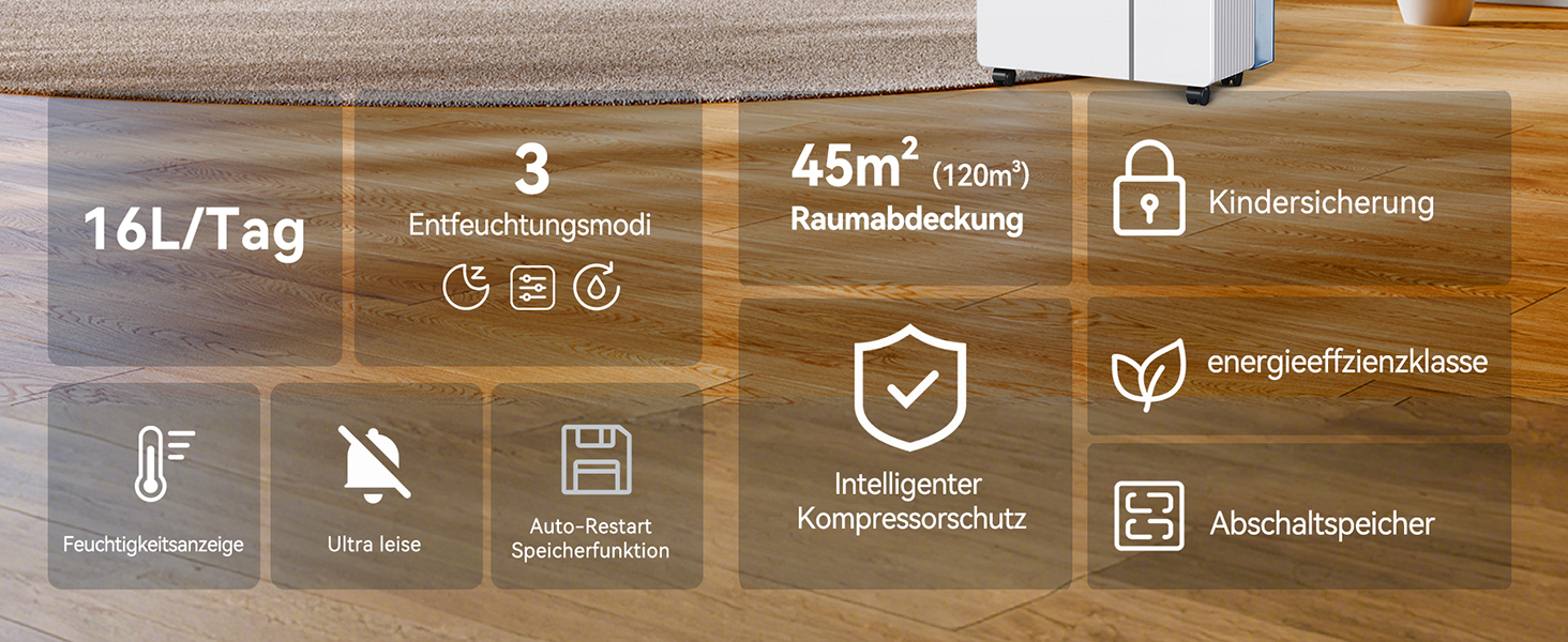 Електричний осушувач повітря Fwoueot 16L/24h для дому: осушувач з компресором, 16л/24г, для приміщень до 45м², автоматичне відтанення, 3 режими, таймер 24г, великий бак 2л, з колесами, для спальні