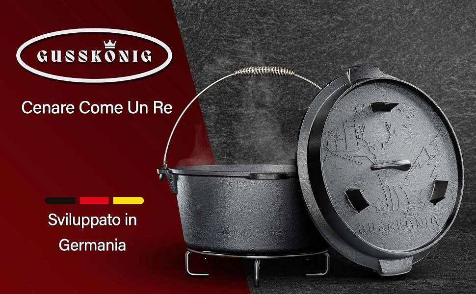 Набір чавунного казана GUSSKÖNIG Dutch Oven 9л для 6-10 осіб, прожарений чавунний горщик для тушкування та запікання з кришкою-сковорідкою, підставкою та аксесуарами, чорний