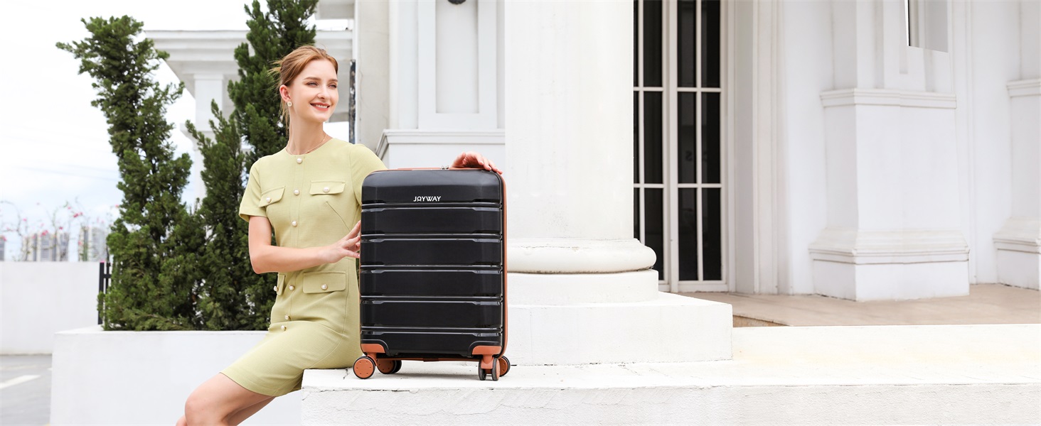 Набір валіз Joyway 5шт з жорстким корпусом, 4 колеса та TSA-замок. В комплекті: косметичка та сумка. Чорний/коричневий колір.