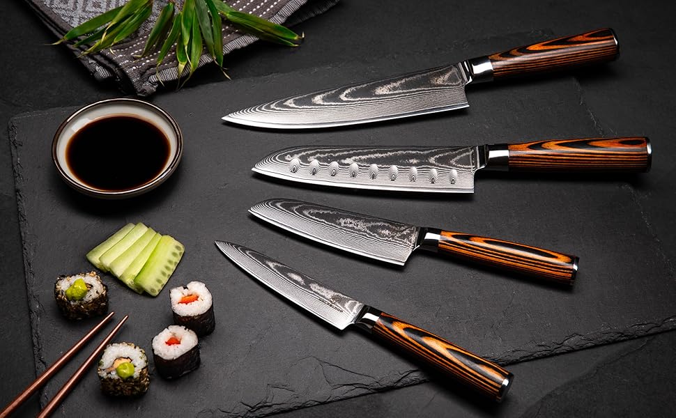 Ніж Santoku Wolfblood з дамаської сталі 67 шарів (24 см) - професійний кухонний ніж з дерев'яною ручкою, подарункова коробка та захист леза