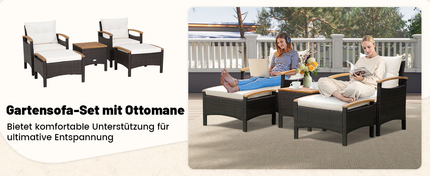 Набір садових меблів GIANTEX 5 предметів: 2 крісла, 2 пуфи та столик - ротанг, кремово-білий колір, для саду та балкону