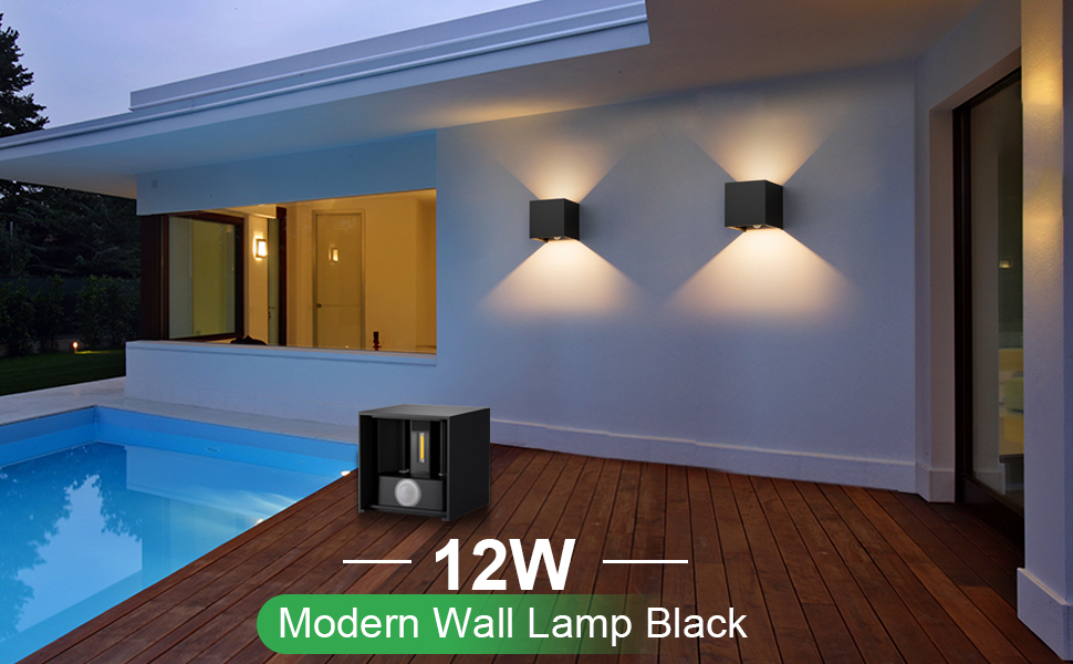 Klighten Зовнішня лампа з датчиком руху 12W, IP65, 3000K тепле біле світло, для внутрішнього та зовнішнього використання, регульований світловий потік, чорний колір