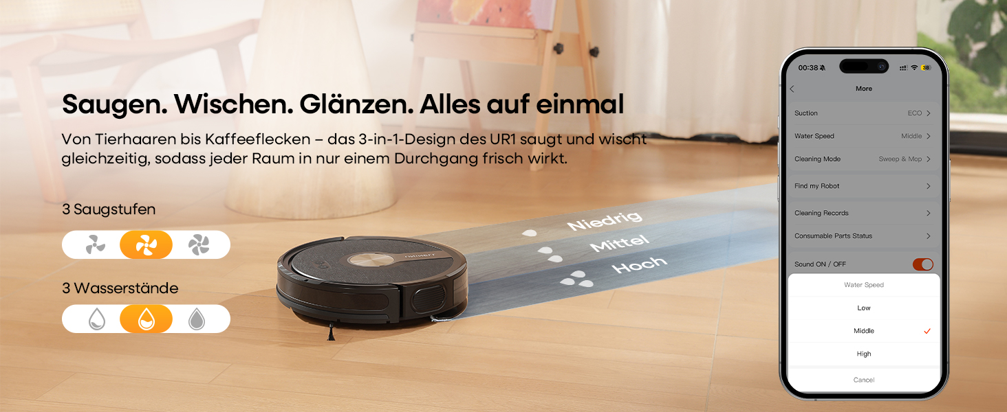 Робот-пилосос з функцією миття 5000Pa, 3-в-1 з часом роботи 180 хвилин, для прибирання шерсті тварин та килимів, з керуванням через додаток, чорний