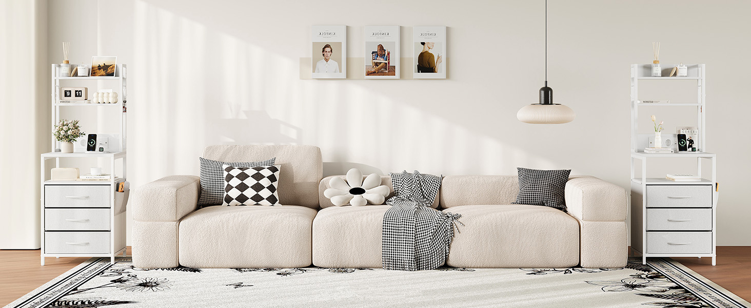 Нічний столик з підзарядкою та LED, бічний столик з 3 висувними ящиками з тканини, тумбочка з полицею для книг, відкрите відділення, 2 розетки AC, USB та Type C порти, для спальні, вітальні, офісу (40x30x60 см, Білий, 1)