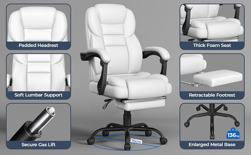 Ергономічне крісло Yaheetech для офісу, для начальника з підставкою для ніг, регульовані підлокітники, комп'ютерне крісло з високою спинкою, біле