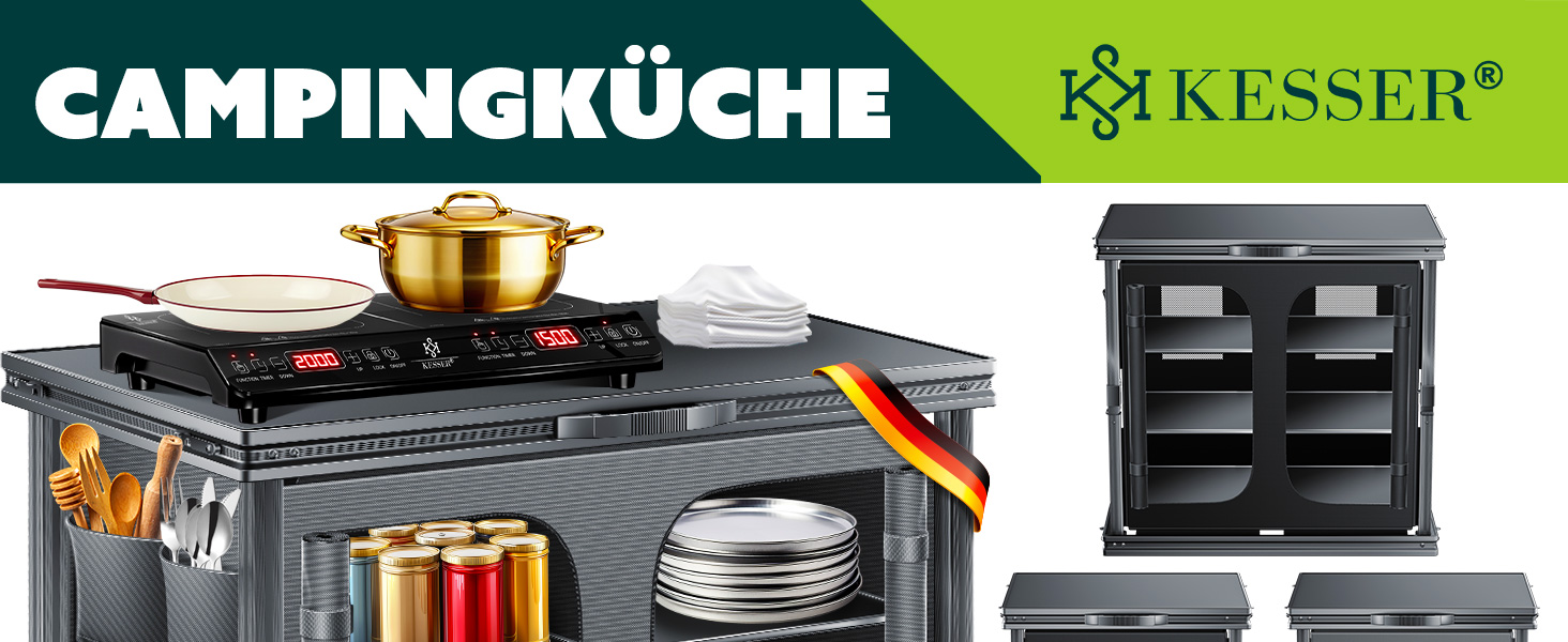 Кемпінгова кухня KESSER®: розкладний шафка 84x80 см з алюмінієвим каркасом, 6 відділень (вкл. набір з 4 кухлі), бокові кишені та москітна сітка. Чорний, з UV-стійкої тканини.
