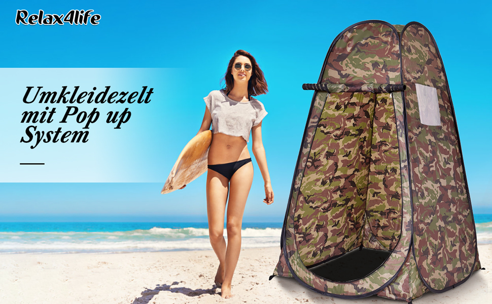 Намет переодягання Relax4Life з системою Pop-up, душовий намет, туалетний намет з вікном, намет-кімнату з поліестеру, 120 x 120 x 190 см, камуфляж Flecktarn