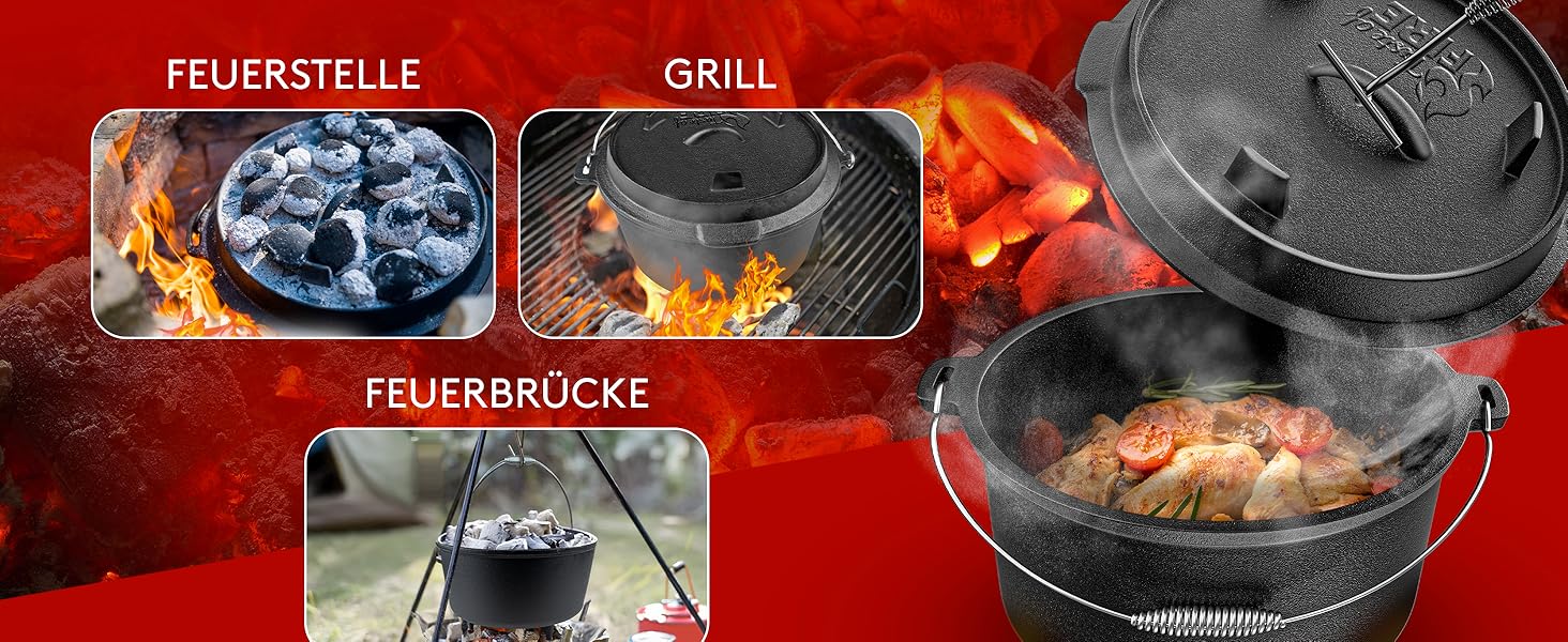 Набір чавунного казана BBQ Dutch Oven [Das Original] на 10,8 л з підставкою та кришкою-гриль на 2,2 л, підйомником та e-book